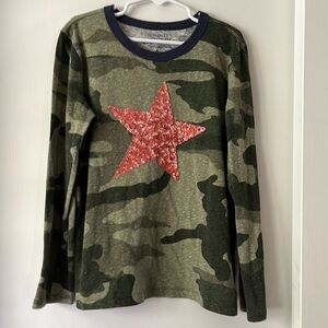 Crewcuts J. Crew kids tee - camo print with copper sequin star. 8, great shape!